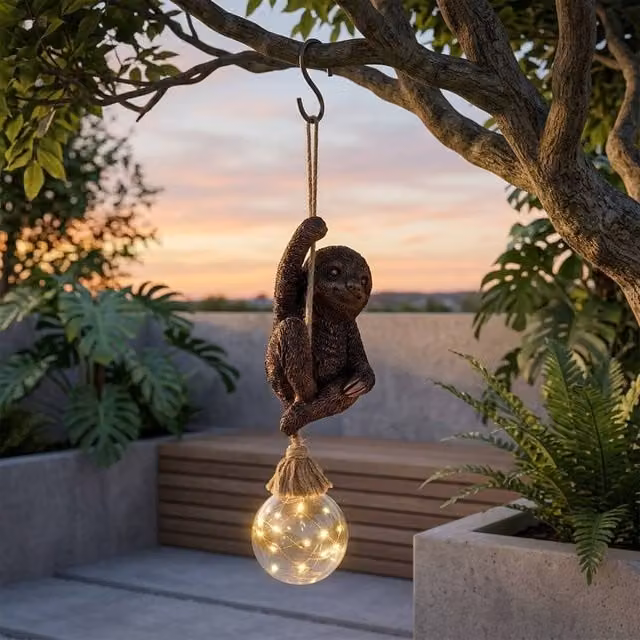 Garden Greatness Swingin Sloth Hanging Garden Solar Light in Brown and Multicolour