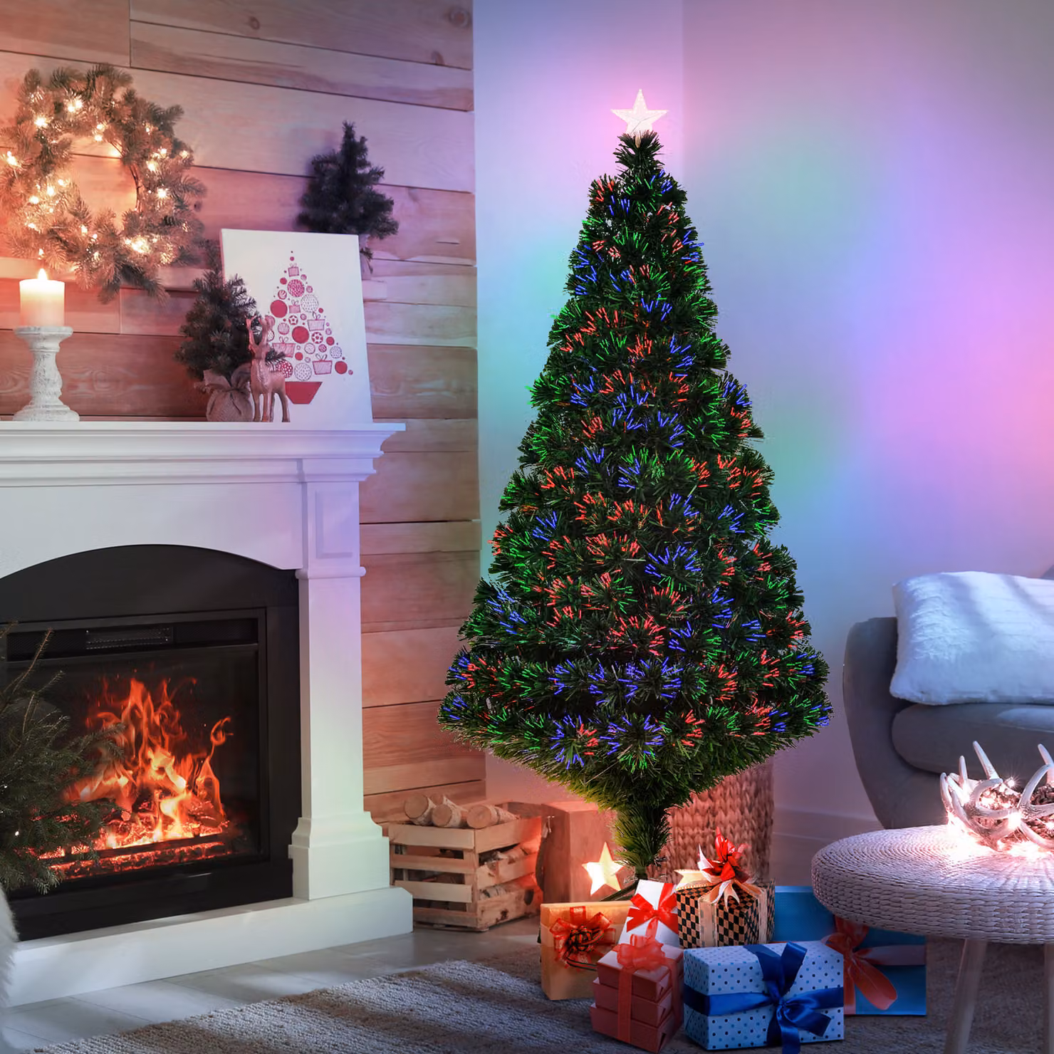 HOMCOM 5ft Green Pre-Lit Multi-Colour Fibre Optic Artificial Christmas Tree – 2