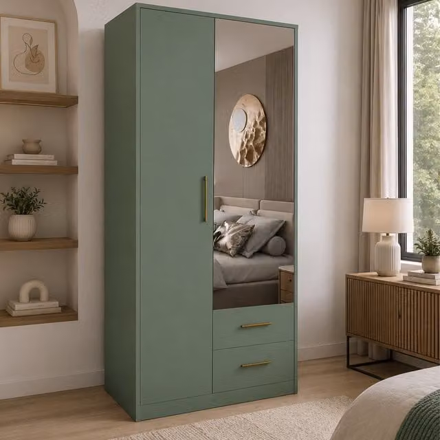 Swindon Modern 2 Door Wardrobe in Dark Green with Mirror and 2 Drawers, Width: 90 cm