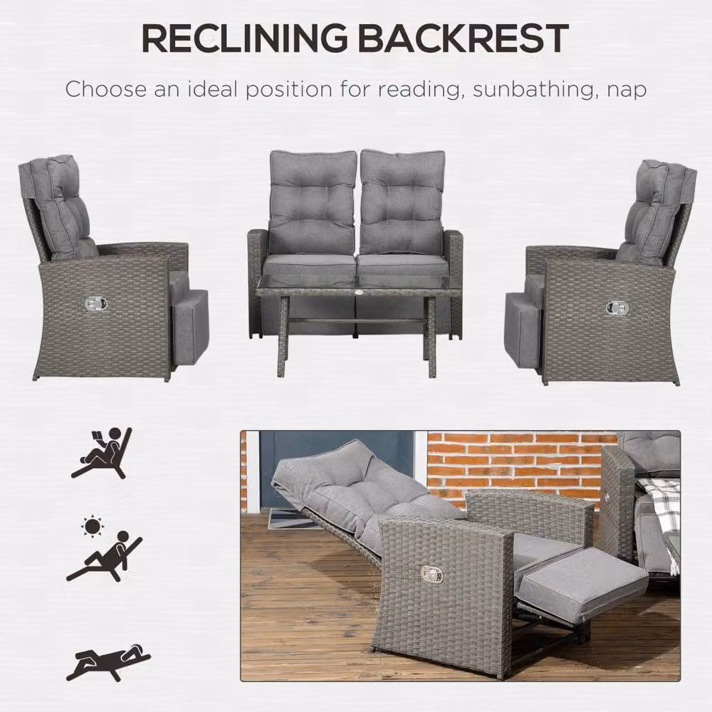 Wyld Haus Grey 4 Seater Rattan Outdoor Sofa Set with Reclining Chairs and Glass Table – 5