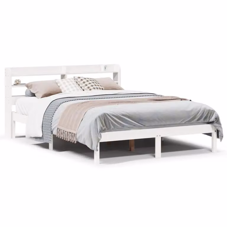Berkfield Home White Solid Pine Bed Frame with Side Compartments W/D/H: 160 x 200 cm