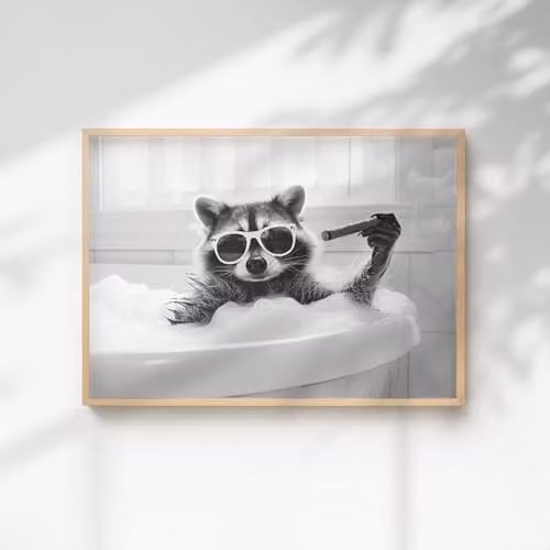 60 Second Makeover Raccoon Smoking A Cigar In The Bath Animal Print Paper Poster, A3, Black, White and Grey