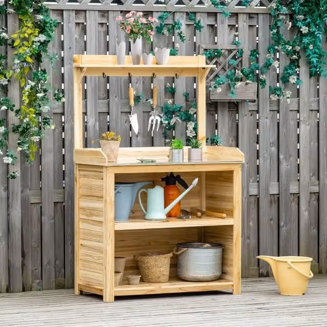 Outsunny Garden Potting Bench Table with Galvanised Metal Tabletop in Natural Wood and Metal – 1