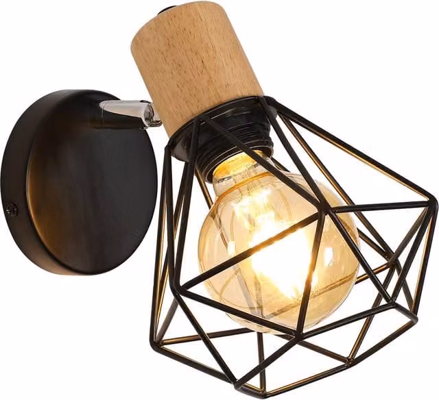 Pheashine Industrial Black and Wood Wall Lamp with E27 Bulb for Bedrooms, Living Rooms and Hallways – 1