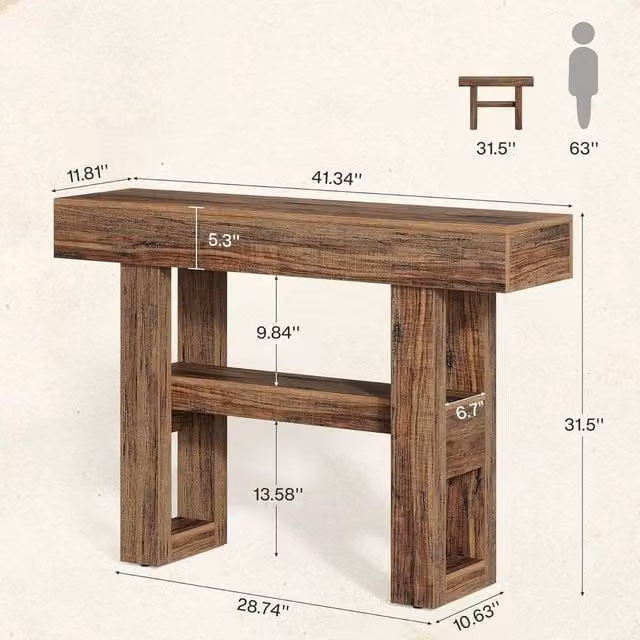 VOGREX 2-Tier Rustic Farmhouse Wooden Console Table, Brown, Width: 105 cm