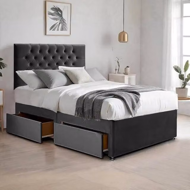 Bed Time UK Plush Velvet Double Bed with Mattress, 2 Drawers and 20 inch Chesterfield Headboard in Black, W/D/H: 140 x 200 cm – 1