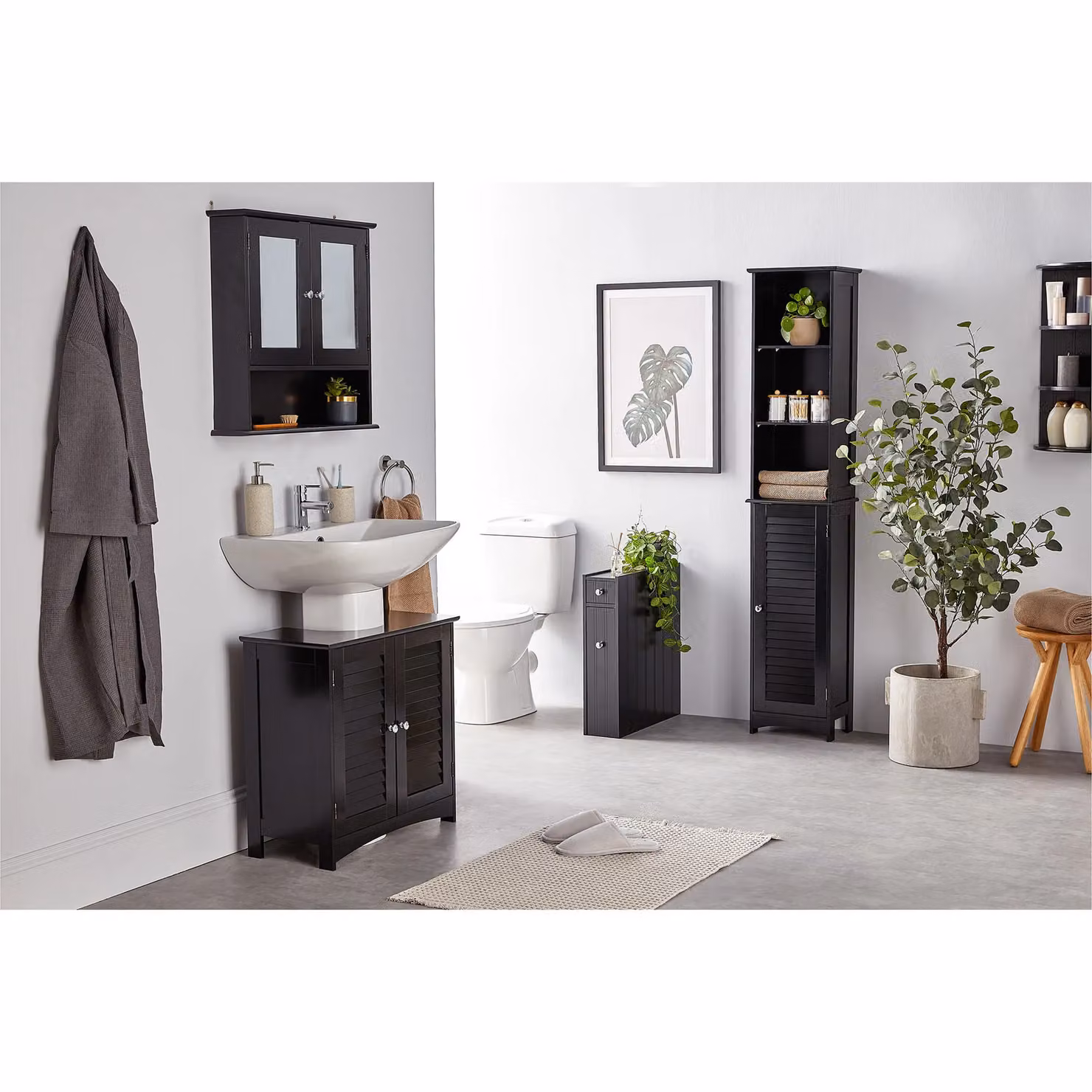 VonHaus Black 2 Door Wall Mounted Bathroom Mirror Cabinet with 3 Internal Shelves and 1 Open Shelf, H: 58 cm x W: 56 cm x D: 13 cm – 7