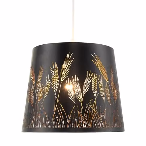 Happy Homewares Modern Corn Fields and Grass Laser Cut Metal Pendant Ceiling Light Shade in Black with Gold Inner, W/D/H: 20 x 20 x 25 cm