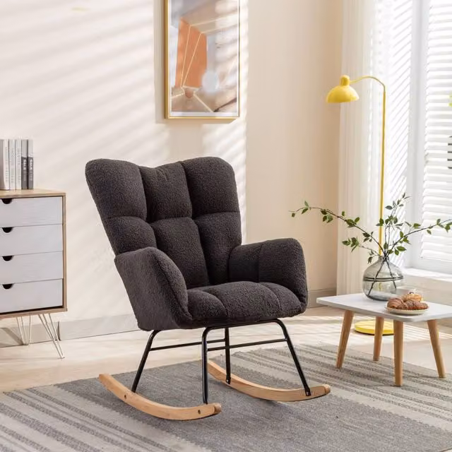 Direct Wicker Modern Teddy Bouclé Fabric Tufted Upholstered Rocking Chair with Armrests in Dark Grey – 1