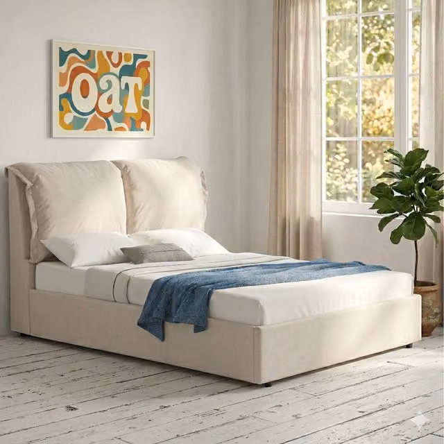 OAT Home Chester Pillowback Upholstered Ottoman Storage Bed in Beige, W/D/H: 140 x 200 cm