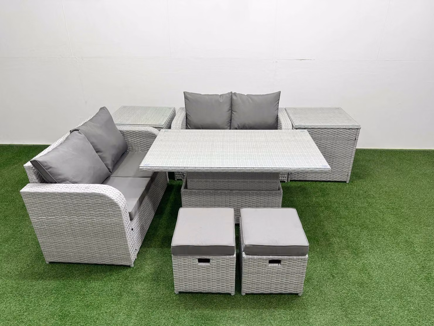 Fimous 6 Seater Rattan Garden Furniture Set in Light Grey with L-Shape Sofa, Adjustable Dining or Coffee Table, 2 Stools and 2 Side Tables – 2