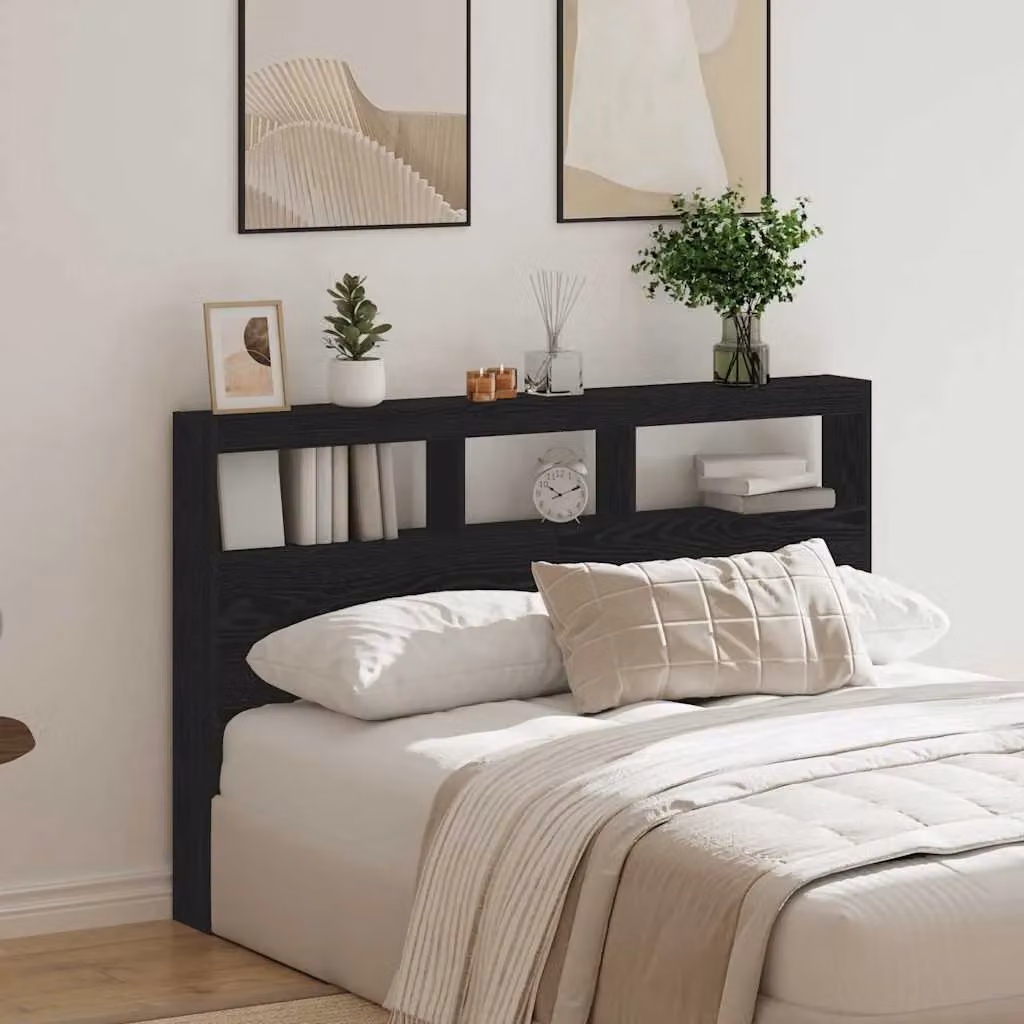 Berkfield Home Modern Black Oak Headboard Cabinet with LED Lighting and USB Charging Port, W: 160 cm, D: 17 cm, H: 102 cm – 4