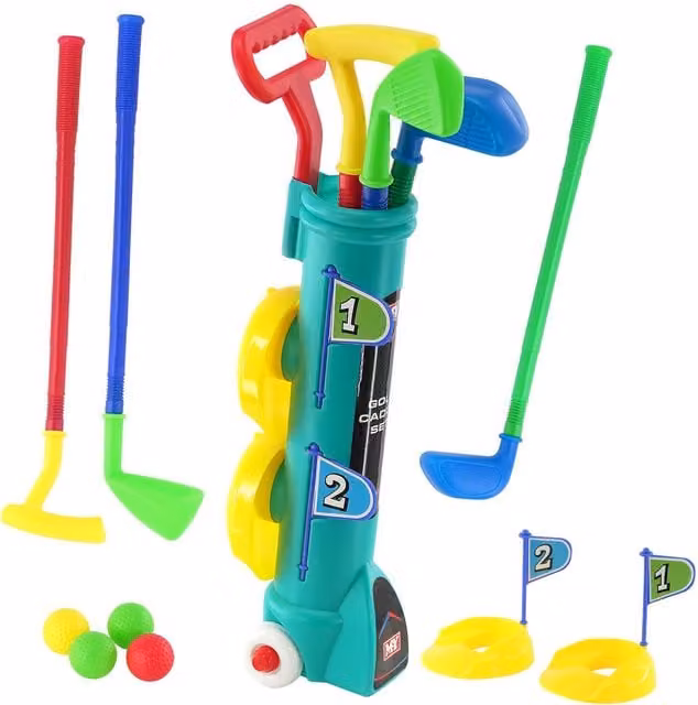 The Magic Toy Shop Junior Golf Caddy Set with Balls, Clubs and Trolley in Multicolour and Green