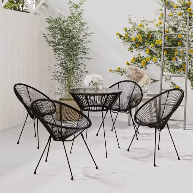 Berkfield Home 5 Piece Modern Outdoor Dining Set in Black PVC Rattan with Glass and Metal Details
