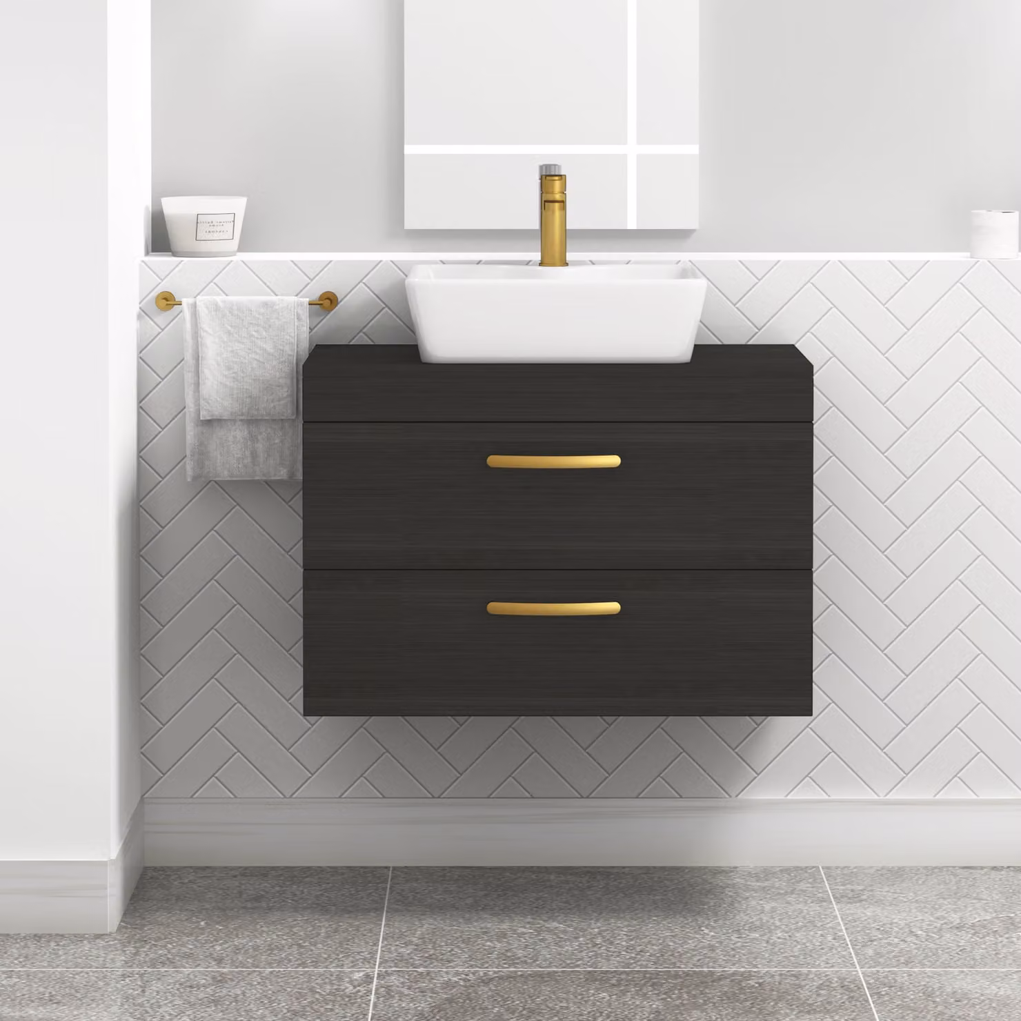 Royal Bathrooms Hale 800mm Wall Hung 2 Drawer Vanity Unit in Matt Black with Cube Countertop Basin and Brushed Brass Handle