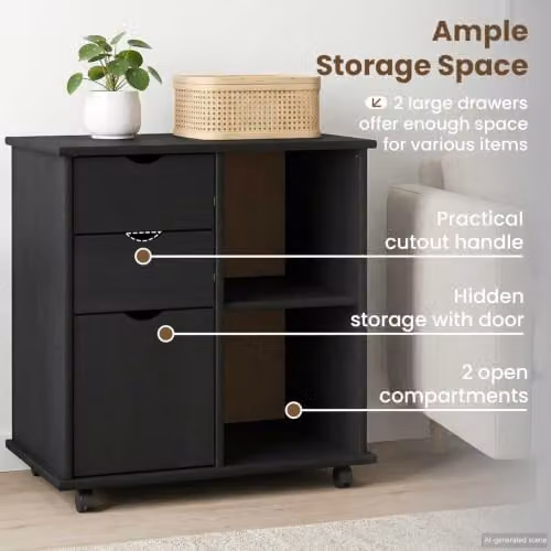 vidaXL Rolling Cabinet in Black Solid Pine Wood W/D/H: 63.5 x 39 x 65.5 cm – 4