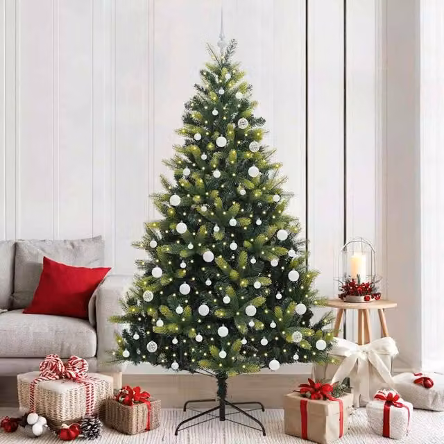 Berkfield Home Artificial Hinged Christmas Tree with 300 LEDs, Green, Height: 210 cm