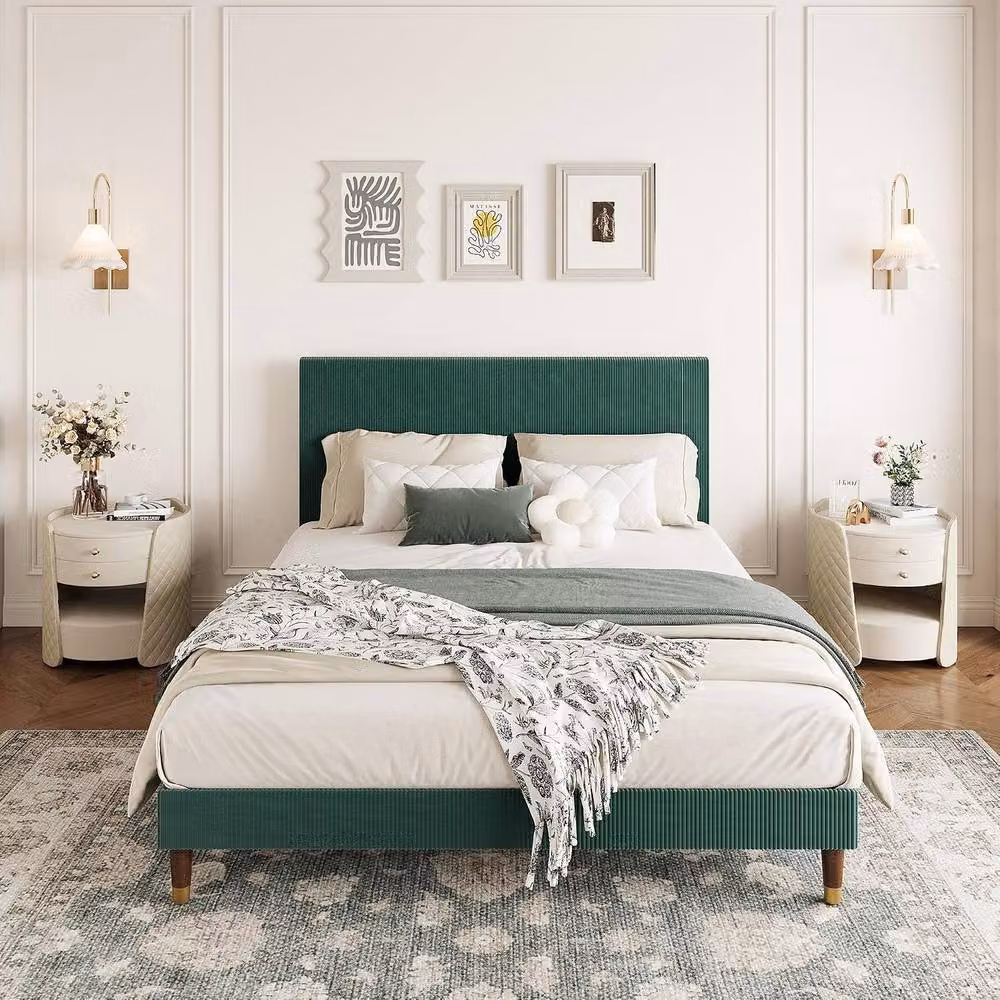 London Boutique Modern Upholstered Double Platform Bed Frame with Headboard in Green, W/D/H: 140 x 200 cm – 4