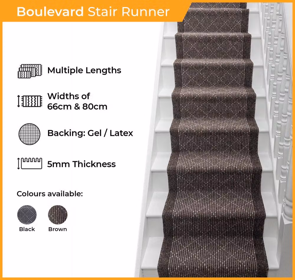 runrug Boulevard Non-Slip Stair Runner Carpet, Black, W: 80 cm, L: 480 cm – 2