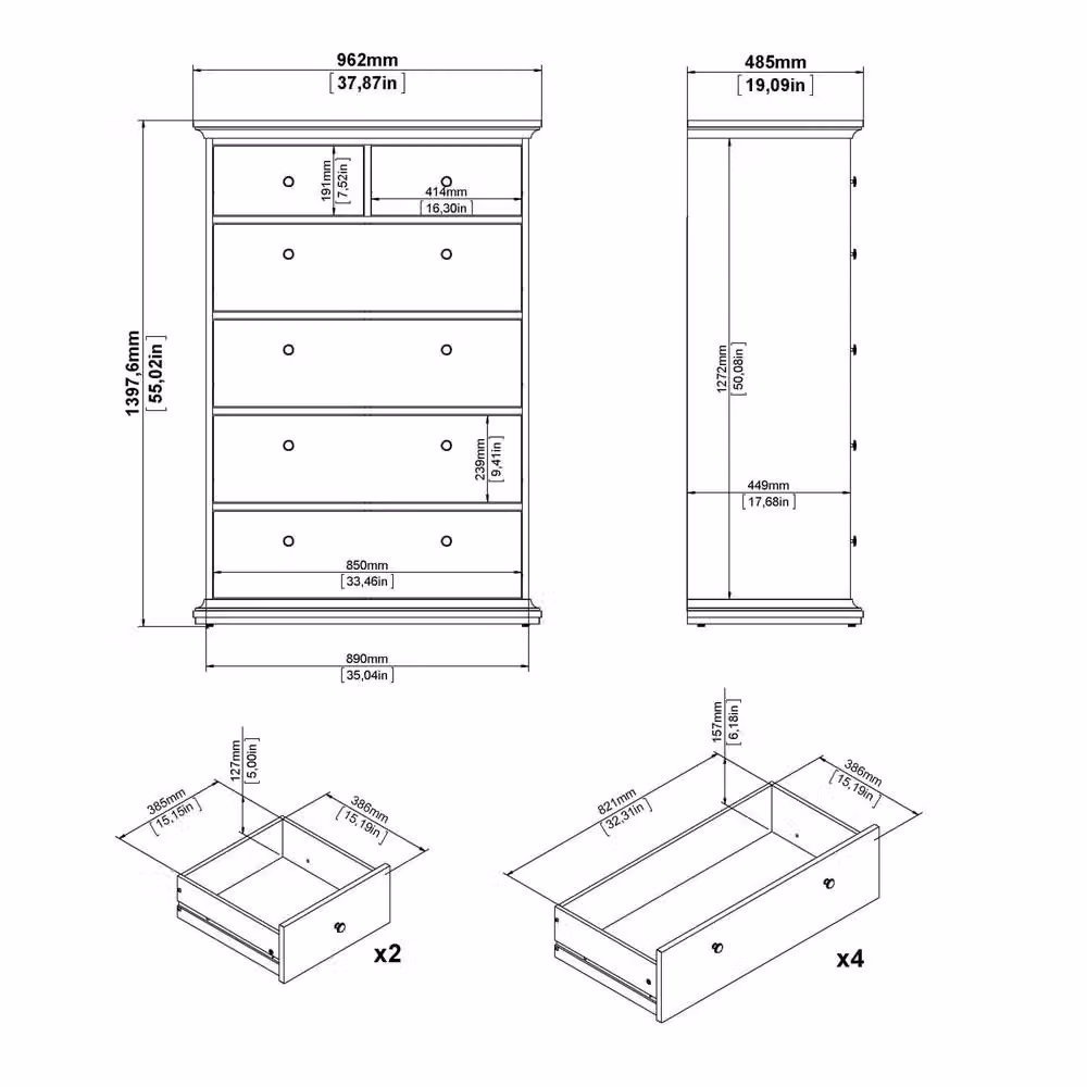 Wyld Haus Osaka Farmhouse 6 Drawer Chest in Dark Grey Wood, H 139.4 x W 48.5 x D 68.8 cm – 6