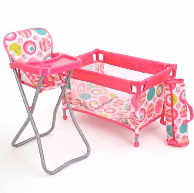BiBi Doll Baby Doll Travel Cot and Highchair Play Set with Feeding Tray, Pink