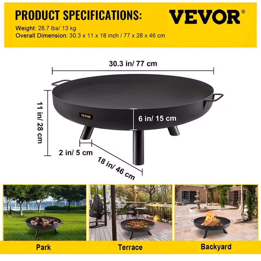 VEVOR Black Carbon Steel Round Fire Pit Bowl with Drain Hole and Portable Handles, Diameter: 76.2 cm – 3