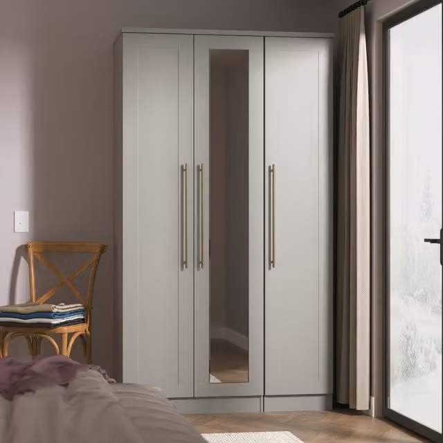 Haworth Modern Triple Mirrored Wardrobe with Hinged Doors in Matt Grey and Gold