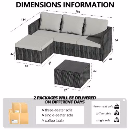 BIRCHTREE L-Shape Rattan Garden Furniture Set in Black with 3-Seater Sofa, Corner Element, Coffee Table and Ottoman – 3
