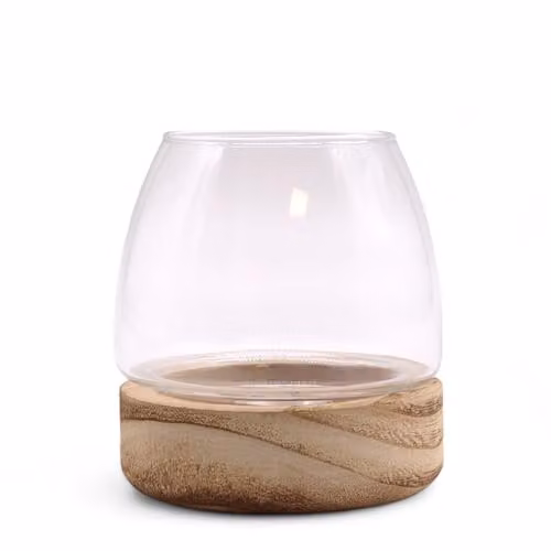 Ancient Wisdom Mini Glass Terrarium on Brown Natural Tung Wood, W/D/H: 10 x 10 x 10 cm