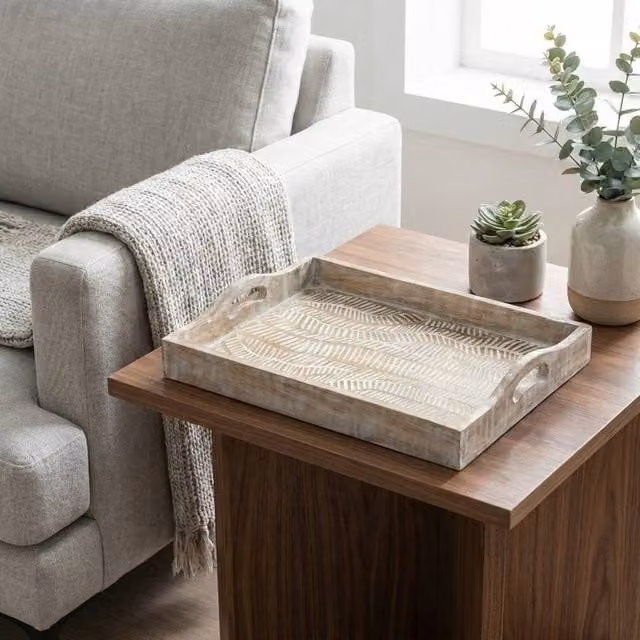 Garden Greatness White Wash Brushed Rectangular Wooden Serving Tray in Multicolour