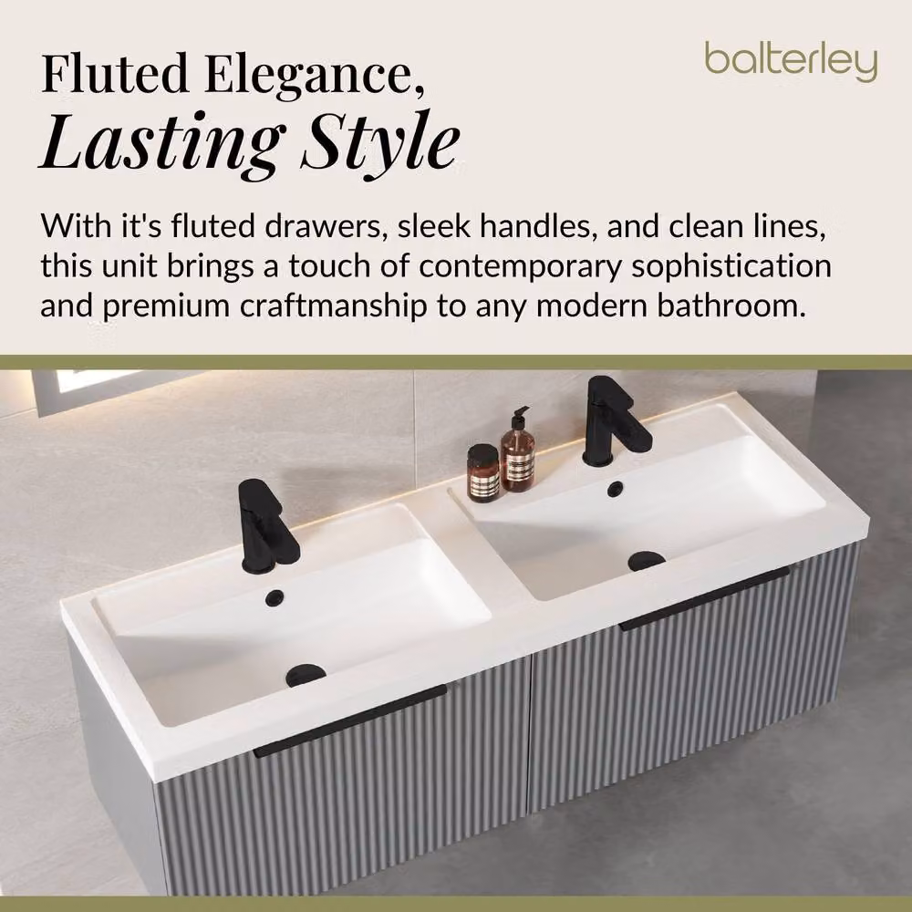 Balterley Fluted Front Wall Hung 2 Drawer Vanity Basin Unit, Satin Grey, W: 120 cm – 2
