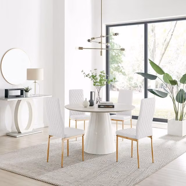 Furniturebox Palma Beige Stone Effect Round Dining Table and 4 Milan Gold Leg Chairs in White