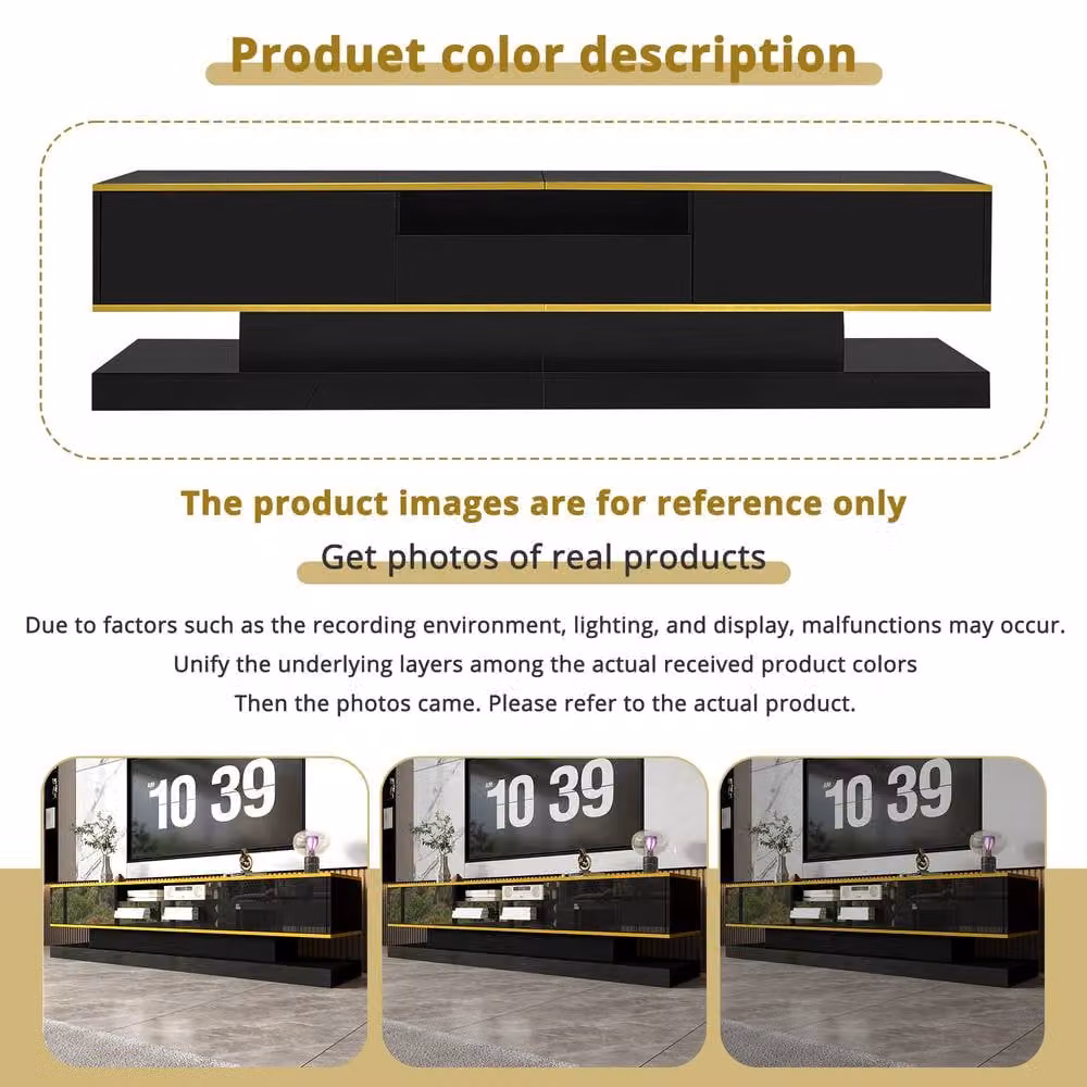 BTM Modern Glossy Black TV Cabinet with Integrated Lighting and Media Compartments, W: 180.0 cm, D: 38.0 cm, H: 45.0 cm – 3