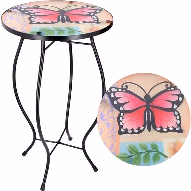 Geezy Large Mosaic Garden Table with Butterfly Design in Black and Multicolour