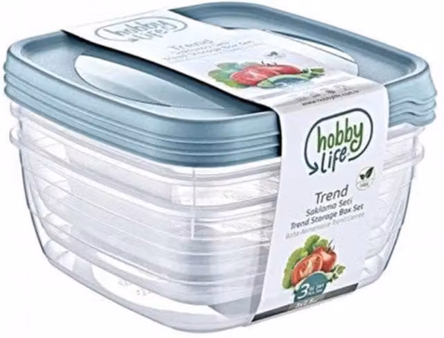 KDMD Set of 3 Clear Plastic Square Food Storage Containers with Snap Lids, 2.5 l each