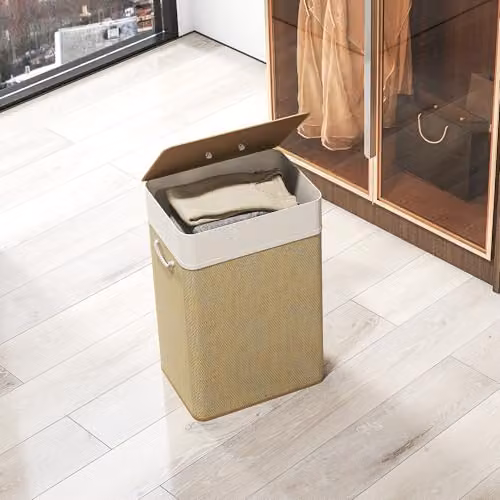 HOMCOM Bamboo Laundry Basket with Lid and Removable Bag, 72L, Nature Wood Finish, Brown and Beige, W: 30.0 cm, D: 30.0 cm, H: 60.0 cm – 4