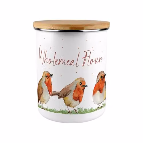 Purely Home Floral Enamel Canister with Bamboo Lid in Brown and White, H: 19.0 cm, W: 16.5 cm, D: 16.5 cm