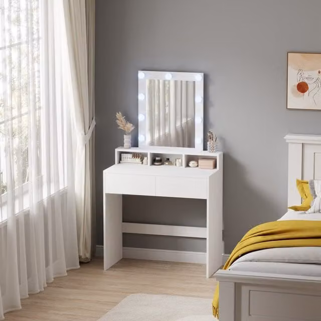 WestWood Modern White Dressing Table Vanity Desk with Drawers and Shelves