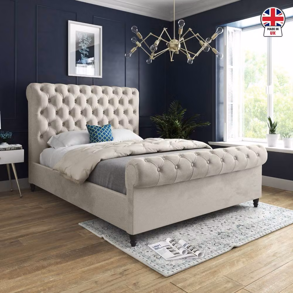 KDMD Welshampton Sleigh Upholstered Designer Bed Frame in Beige Soft Velvet, Small Double, W/D/H: 120 x 128 x 119 cm – 3