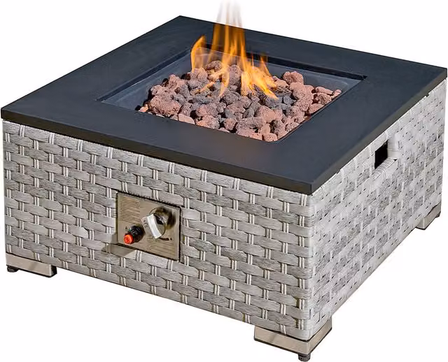 Royal Fire Icarus Rattan Firepit Coffee Table with Iron Top in Dove Grey