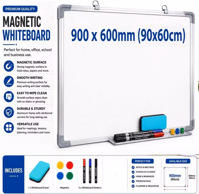 Atek Magnetic Whiteboard in White and Silver with Aluminium Frame, W: 90 cm, H: 60 cm