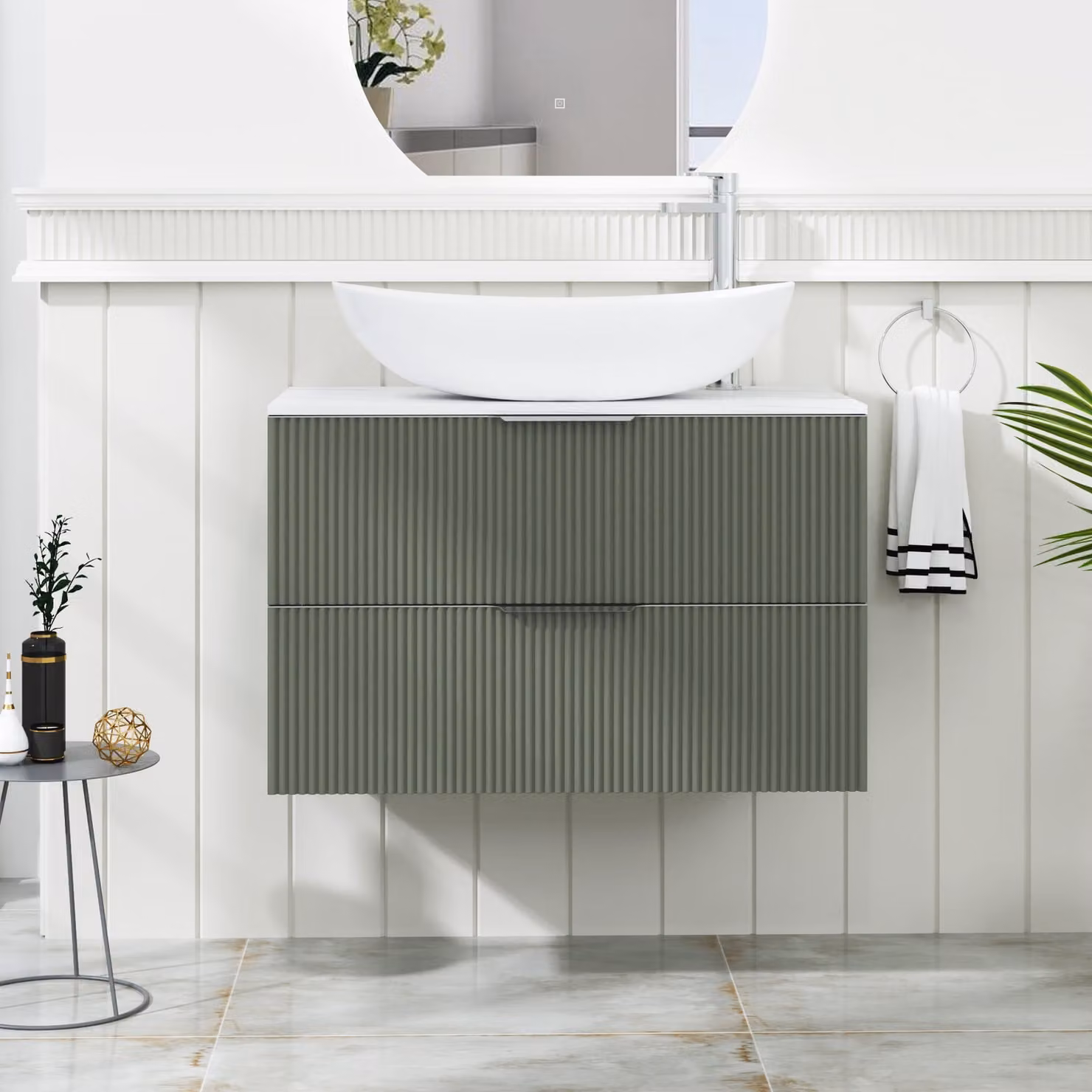 Royal Bathrooms Evora 800mm Sage Green Fluted Wall Hung 2 Drawer Vanity Unit with Cesar Basin