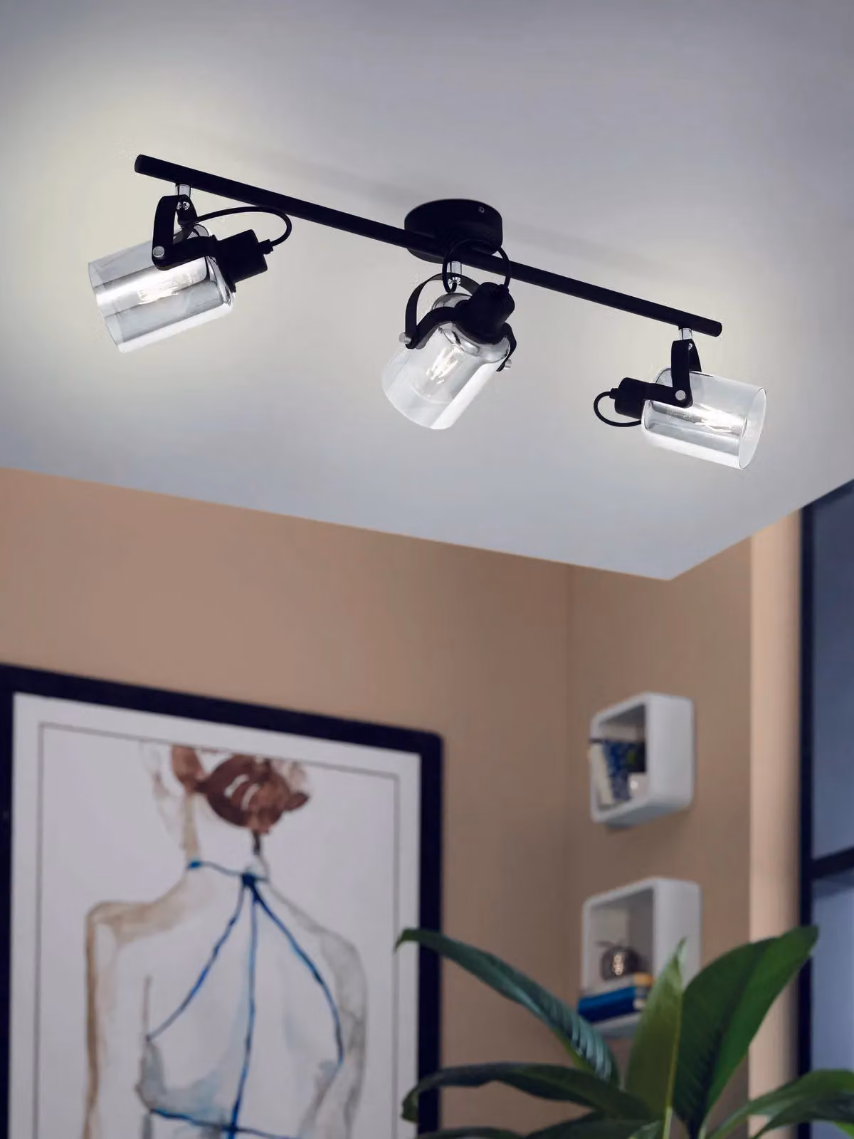 Loops Adjustable Ceiling Spot Light and 2x Matching Wall Lights in Black with Transparent Glass – 3