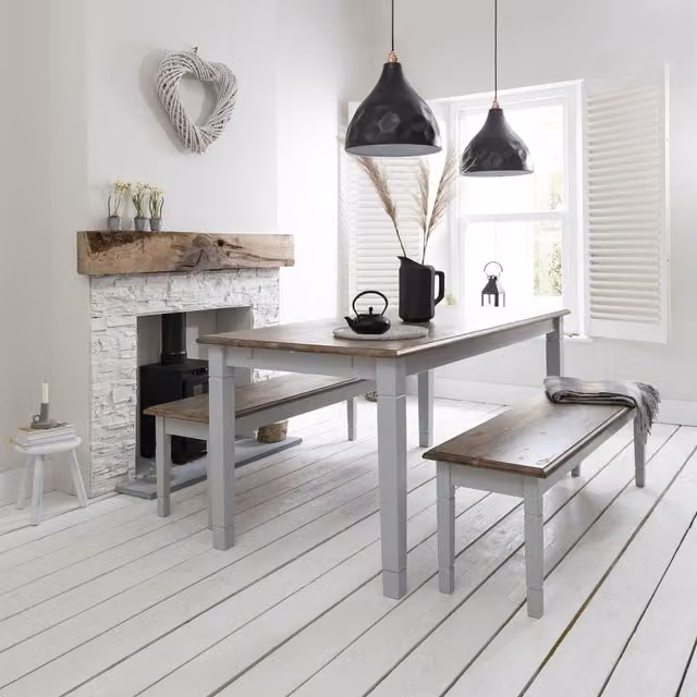 Noa and Nani Canterbury 180cm Rectangular Dining Table and 2 Benches Set in Grey and Pine
