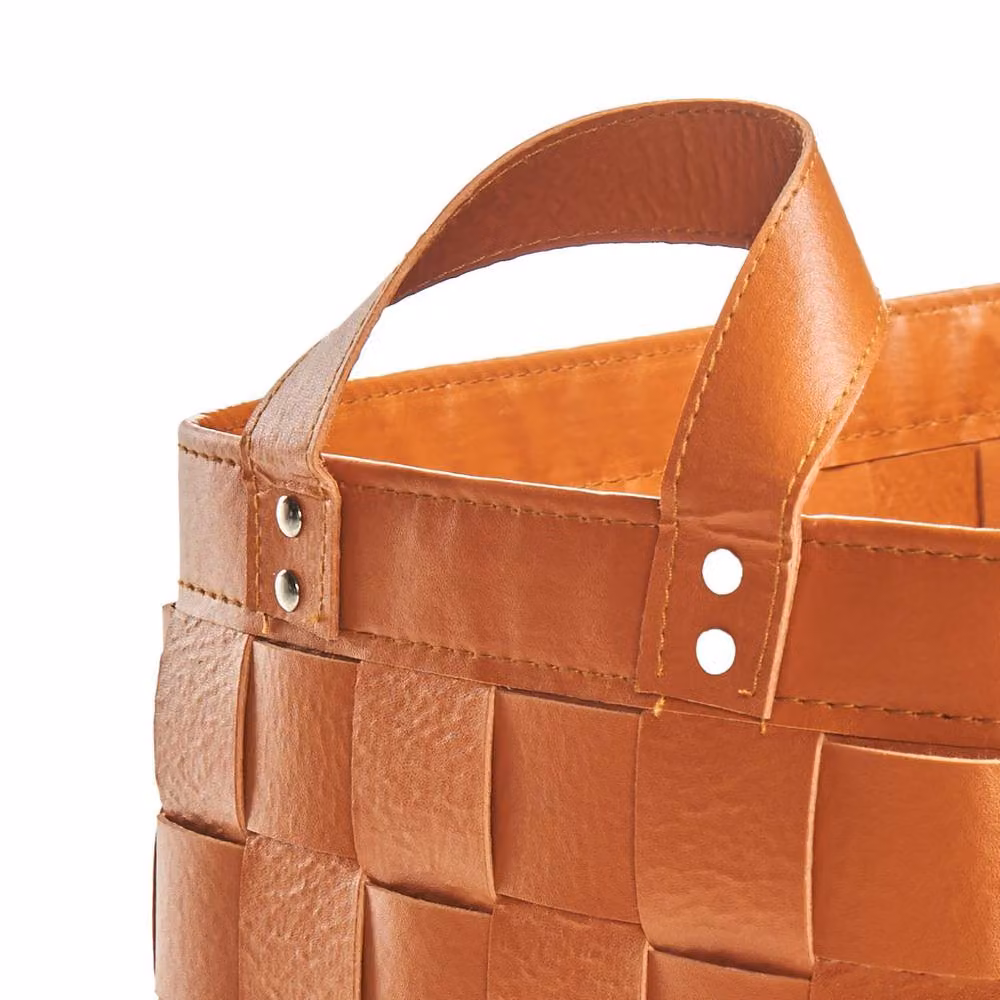 Wyld and Coco Set of 2 Brown Faux Leather Stackable Storage Baskets with Handles – 3