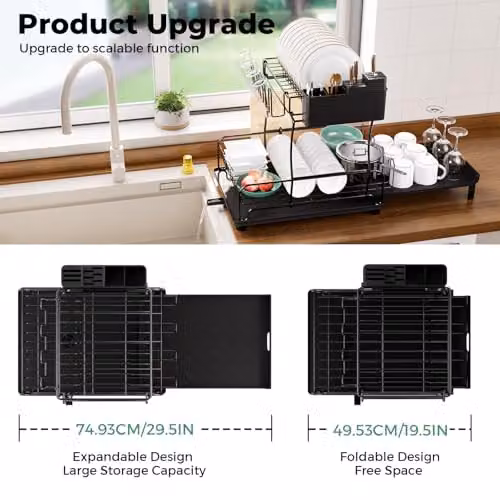 Toque 2-Tier Expandable Dish Drainer Rack in Black with Cutlery Holder and Drip Tray – 3