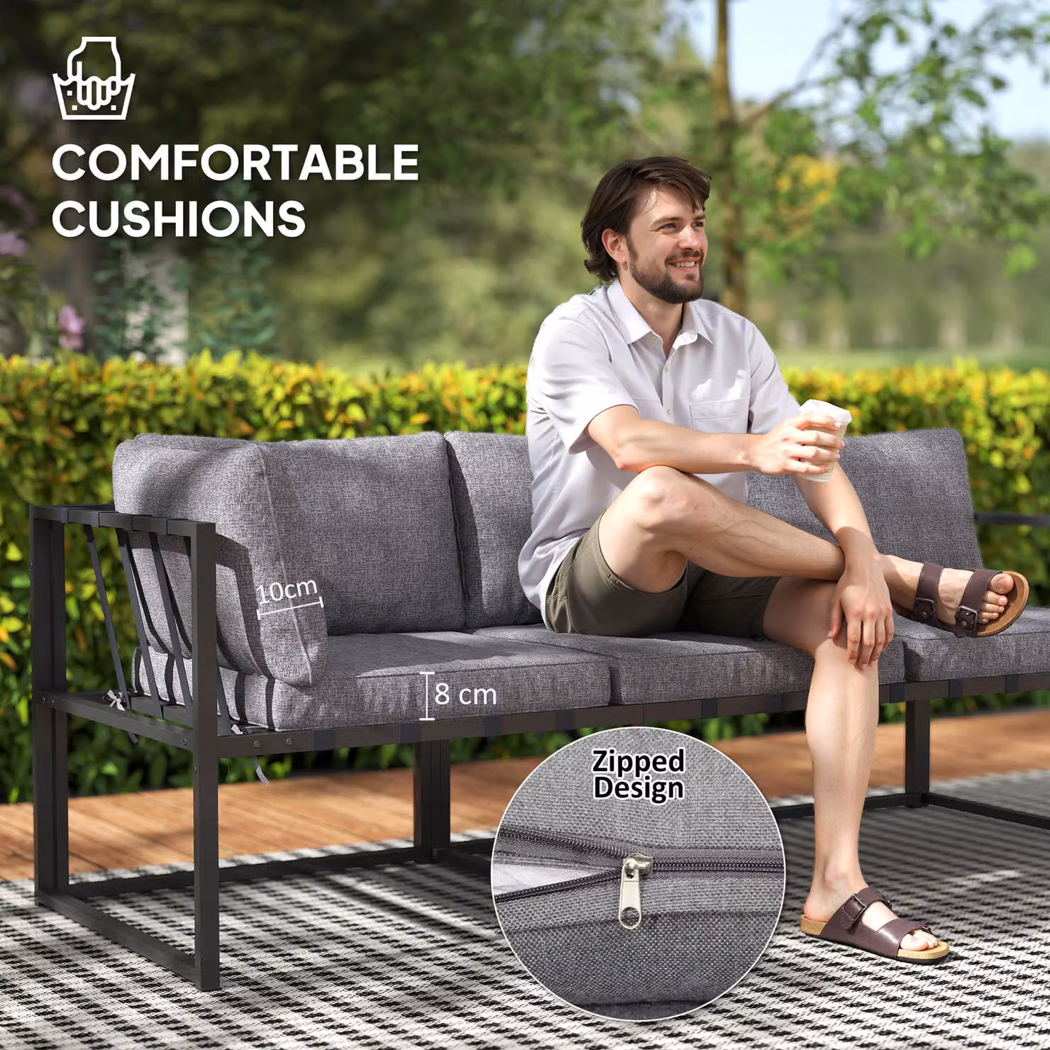 Outsunny L-Shaped Garden Corner Sofa Set with Tempered Glass Coffee Table and UV-Resistant Upholstered Cushions, Grey – 7