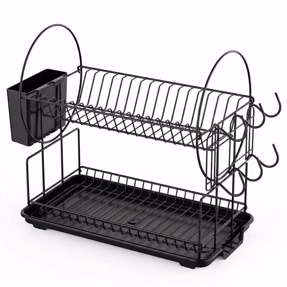 Havendro 2 Tier Black Coated Steel Dish Drainer Rack with Cutlery Holder and Drip Tray – 2