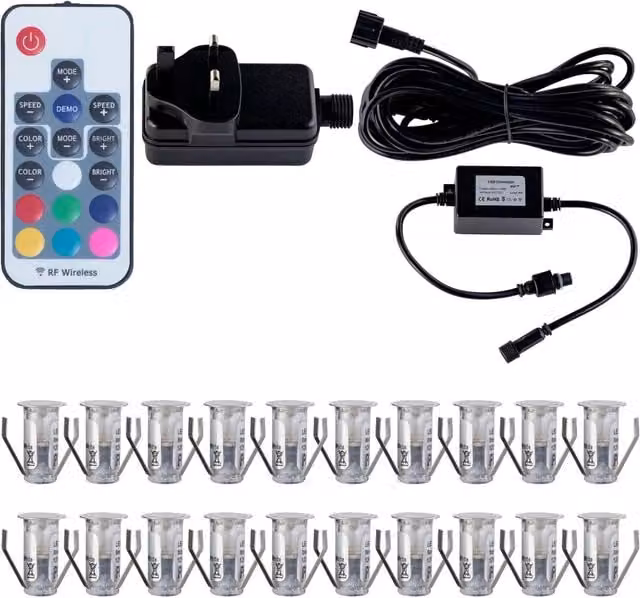First Choice Lighting Set of 20 Colour Changing RGB LED Decking Lights, 15mm Stainless Steel, Silver, IP67 Rated – 1