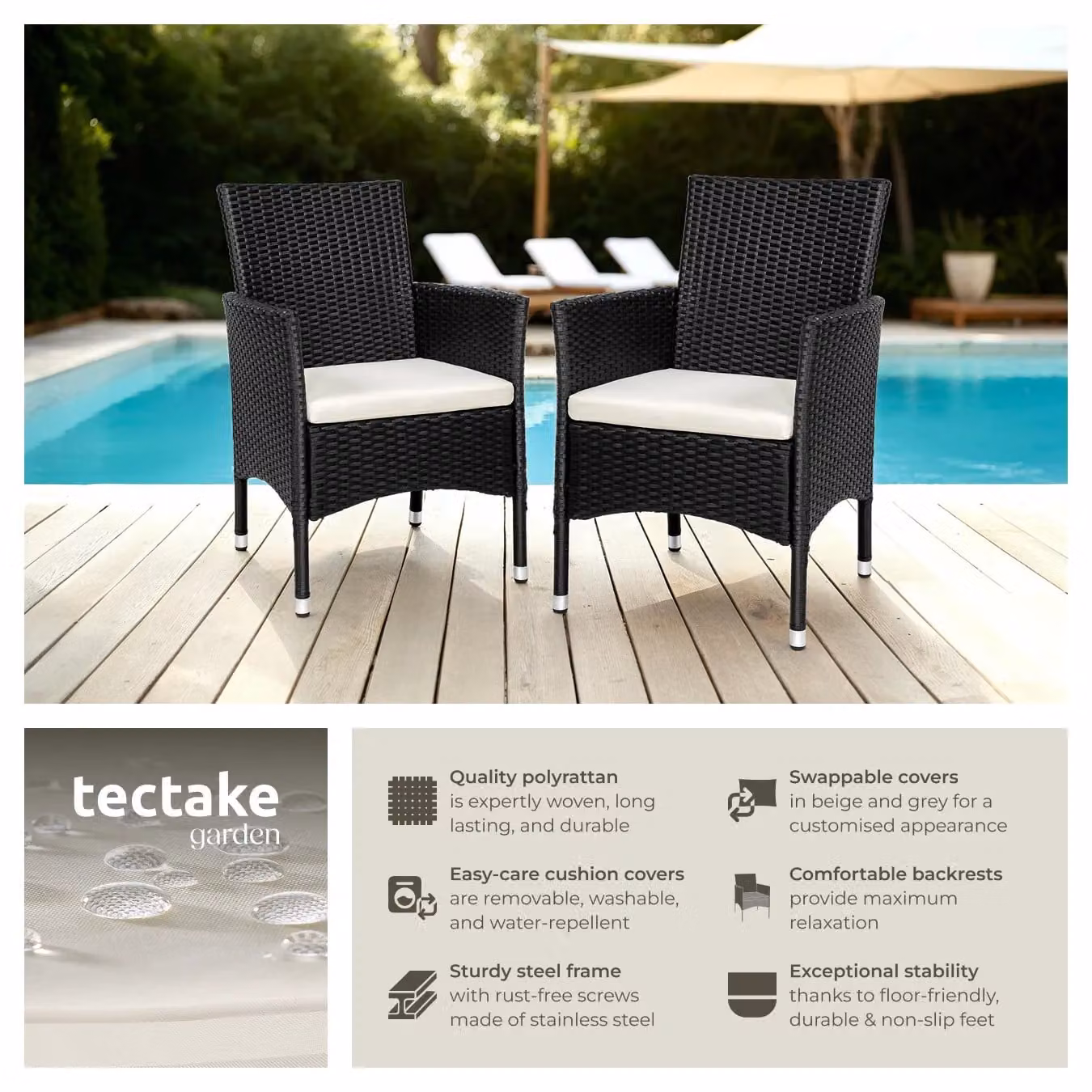 tectake Nantes Set of 2 Modern Rattan Garden Chairs in Black and Beige – 3